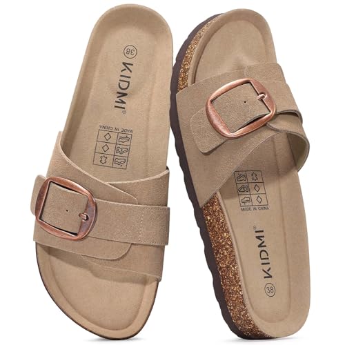 KIDMI Genuine Suede Cork Footbed Sandals for Women Comfortable Summer Slides with Buckle, Apricot 41