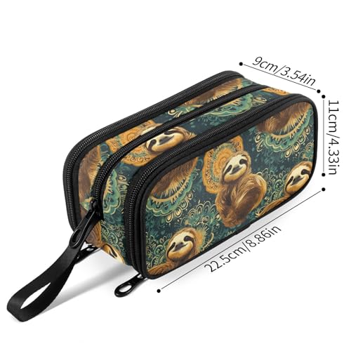 Image of Fustylead Retro Cute Sloths on Green Mandala Background Large Pencil Case Portable Stationery Bag Cosmetics Bag with Handle for School Office Travel