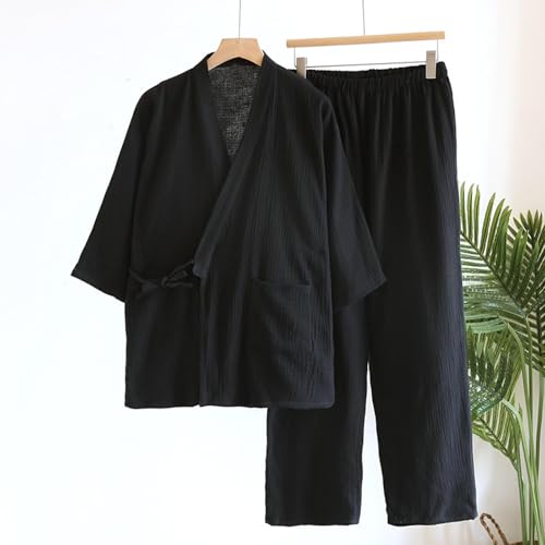2 Piece Men's Japanese Kimono Pajamas Set, Cotton Loose Casual Loungewear Pjs Long Sleeve Shirts Tops and Pants2