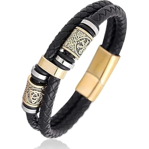 IMT-LLC Punk Men Vikings Style Genuine Leather Bracelet Braided Multilayer Stainless Steel Norse Runes Bead Bangles Couple Jewelry Gift Cover