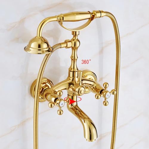 Robinet de baignoire double poignée en laiton vintage avec flexible 1,5m