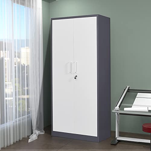 Anxxsu Metal Garage Storage Cabinet, 71" Locking Storage Cabinet With 2 Doors And 4 Adjustable Shelves, Lockable Metal Cabinet For Office,Home,Garage,Gym,School（Gray White） #TOP6