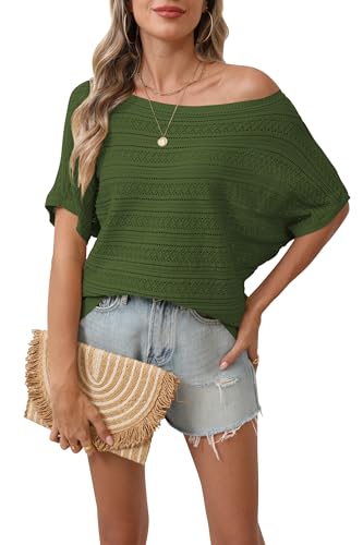Image of Cakulo Summer Off The Shoulder Tops for Women Crochet Short Sleeve Batwing Knit Sweater Top Army Green M