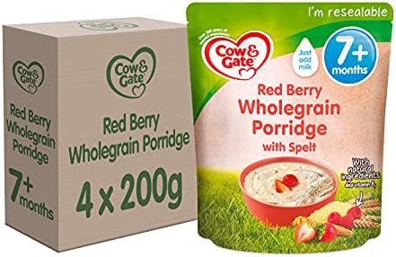 Cow & Gate Red Berry Wholegrain Porridge Baby Food Cereal, 7+ Months, 200g (Pack of 4)