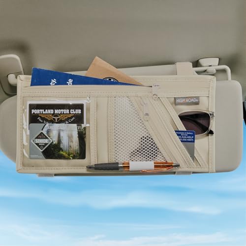 High Road Car Visor Organizer with Secure Zip Pockets, Sunglasses Holder and Clear Registration and Insurance Pocket - Heavy Duty Straps Fit Most Car, SUV and Truck Visors