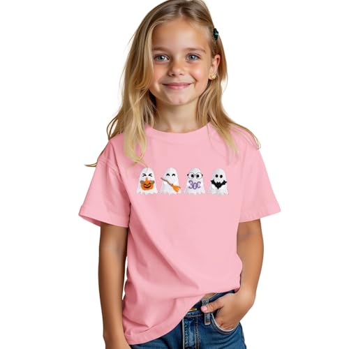 BOUTIKOME Halloween Shirts for Kid Girls Boys Cute Embroidery Ghosts T-Shirt Spooky Season Tees Short Sleeve Top Fall Outfit