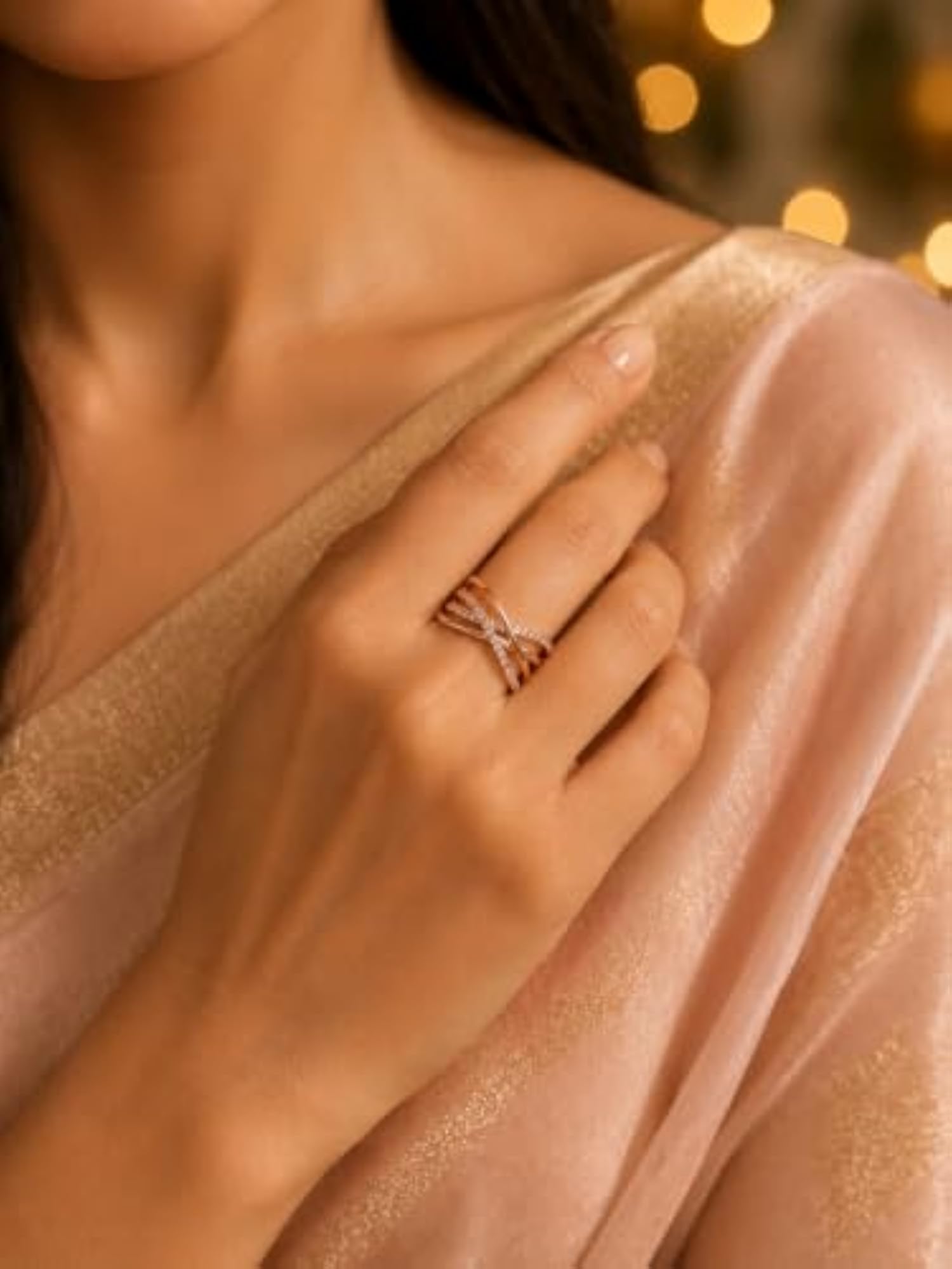 Women's Rose Gold Plated CZ Crossover Adjustable Ring, Elegant