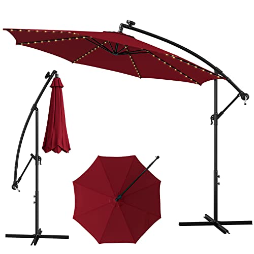 COSTWAY 3M Cantilever Garden Parasol with Solar-Powered 112 LED Lights, Offset Banana Umbrella with Tilted Design, Crank Handle & Cross Base, Outdoor Hanging Sun Shade for Patio Market (Wine)