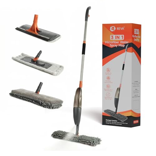 R REVA 3-in-1 Spray Mop Set with Double-Sided Chenille, Microfiber, and Squeegee Pads - Lightweight Aluminum Handle, 520ML Water Tank, All-Floor & Window Cleaning (Stella - LV-S03)