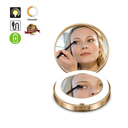 Preisvergleich Produktbild Allyine Tragbarer Spiegel mit Beleuchtung, LED Taschenspiegel, Beleuchteter Kosmetikspiegel 1X / 4X Vergrößerungsspiegel, Beleuchtung Zweiseitiger Tragbarer Kompakt,Klappbarer 7.5cm Reisespiegel