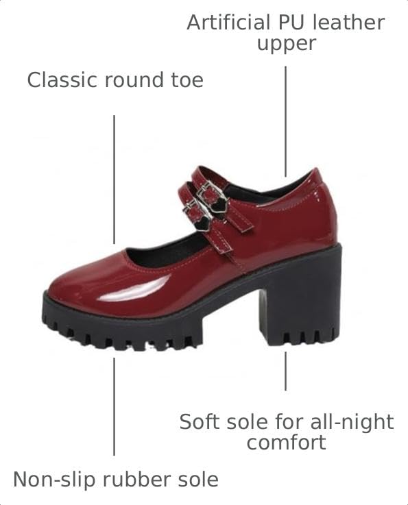 Image of Women's Platform Mary Janes Heart Cat Buckle Rivets Ankle Lolita Gothic Princess Platform Pumps Patent Leather Thorn Vintage Traditional Embroidery Upper Dress Shoes