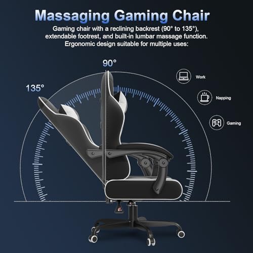 JUMMICO Gaming Chair Ergonomic Gaming Chair with Massage Function Office Chair 150 kg White - Image 6