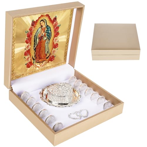 FUNPAR Arras Para Boda Catolica with Virgen De Guadalupe Gift Box Arras De Boda Cristiana Premium Arras De Boda Catolica Wedding Coins Catholic Arras Box Mexican Wedding Arras Coins Set (Silver)