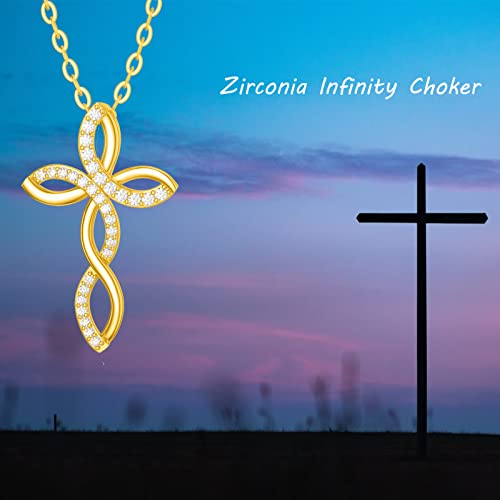 Mrenite Solid 14K Yellow Gold Infinity Cross Necklace Cubic Zirconia Twist Cross Pendant Christian Jewelry Gift For Women Mother's Day #TOP5