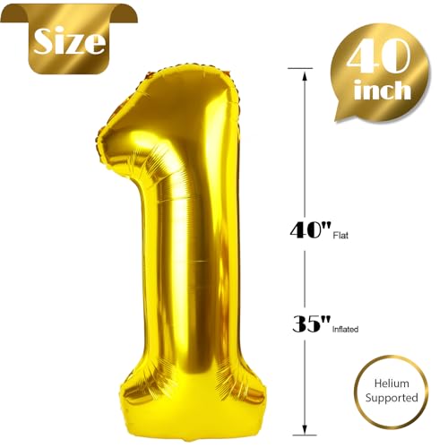 Image of 40 Inch Gold 1 Balloon for First Birthday, Gold One 1st Number Balloon Birthday Decorations, 10th 21st, Giant Number 1 Balloon