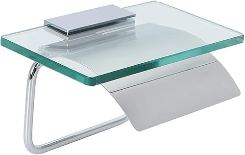 ガラステーブル付きトイレットペーパーホルダー シングル ダブル 1連 2連 ガラス棚付き 金属 強化ガラス 北欧風 ヴィンテージ風 レトロ感 ミッドセンチュリー インダストリアル (シングル, シルバー)