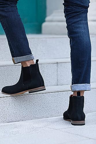 Mens Chelsea Boot Slip On Pointed Toe Stacked Low Heel Faux Suede Casual Dress Boot4