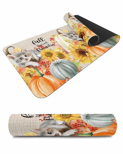 Debedcor Heat Proof Table Pads Waterproof Decorative, Fall Pumpkin Non-Slip Table Countertop Protector, Rustic Harvest Sunflower Cat Plaid Insulation Mat for Dining Room, 48 x 12 Inches