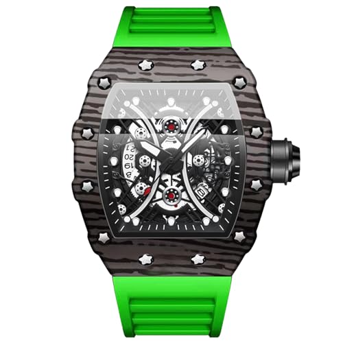 OIDEA Herren Silikon Armbanduhr Tonneau: Grün Armband Herrenuhr Analog Quarz Uhr Kalender mit großem Zahnrad Zifferblatt Sport Uhren Geschenk für Männer Freund