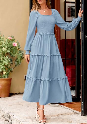 PRETTYGARDEN Fall Dresses for Women 2025 Long Sleeve Smocked Square Neck Swiss Dot Tiered Flowy Wedding Guest Maxi Dress