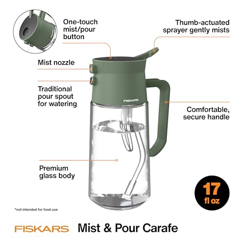 Image of Fiskars 2-in-1 Mist & Pour Watering Can, Space Saving Glass Plant Mister with Thumb Pump Sprayer and Spout for Indoor Plants, Boost Humidity & Soak Roots of Houseplants, 17 oz, Modern Decor Style