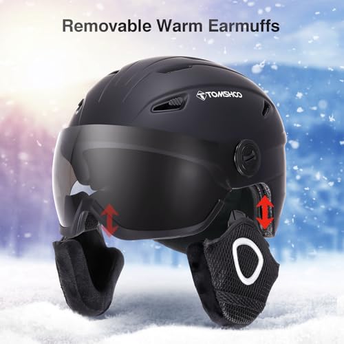 TOMSHOO Skihelm, Snowboard Helm mit Visier & Ohrenschützer, Belüftungsöffnungen, Strapazierfähig, Warm & Atmungsaktiv, Ski Helmet für Herren Damen