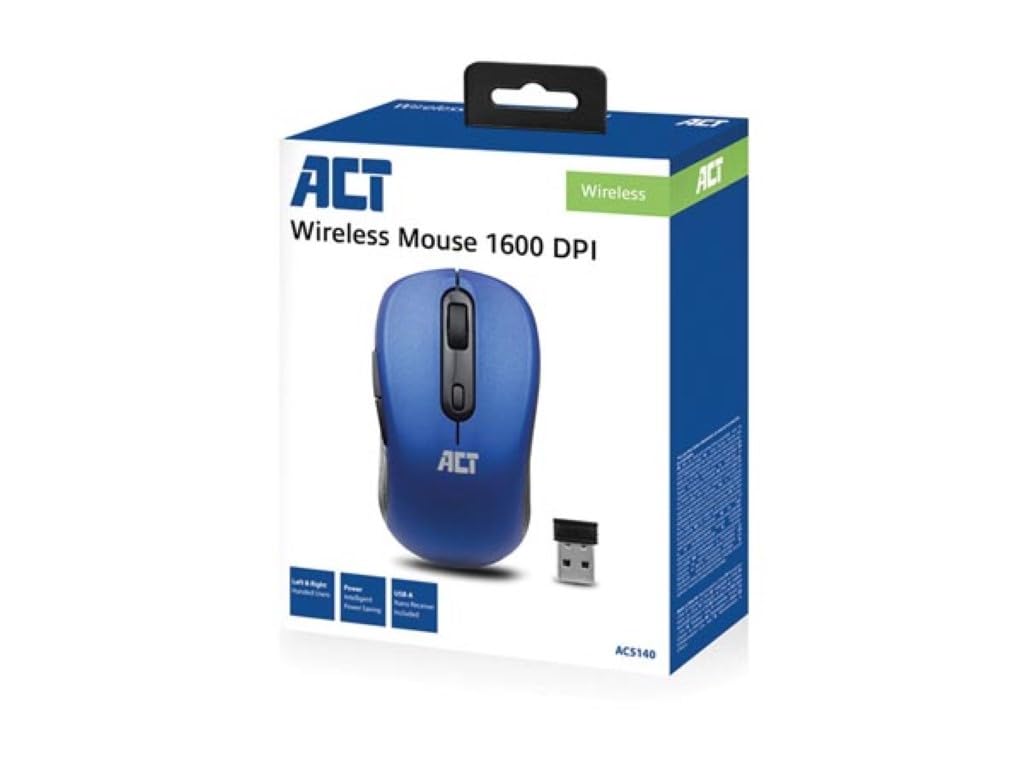 ACT Ratón inalámbrico Azul - 1600 dpi - Mini dongle USB de 2.4 GHz - zurdo y diestro - Ligero - AC5140