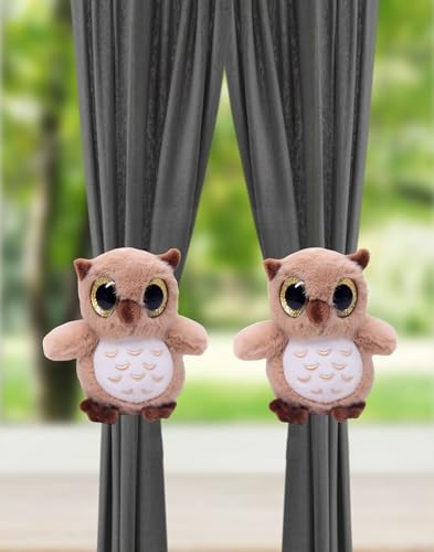 Tickles 2 Pcs Cute Owl Soft Stuffed Plush Curtain Tiebacks Holder Clip for Children Living Room Decoration Accessories Window Curtain Decorations (Color: Brown Size: 20 cm)