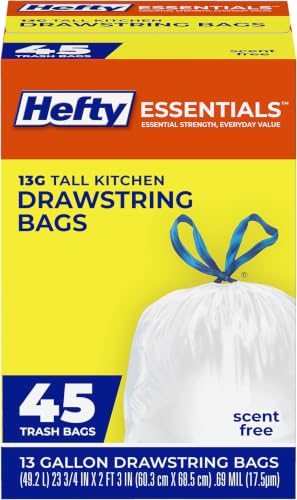 Image of Hefty Essentials Drawstring 13 Gallon Kitchen Trash Bags, Tall Unscented Trash Bags for Kitchens, Home Offices, or Laundry Rooms, Easy to Tie, Lift, and Carry, White, 6 Count (Pack of 45), 270 Total