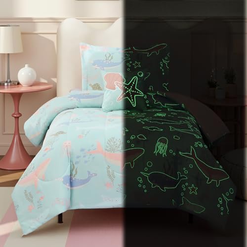 Twin Comforter Set for Girls Kids - 3 Pieces Ocean Animals Twin XL Bedding Set with 1 Comforter, 1 Decor Pillow & 1 Pillow Sham