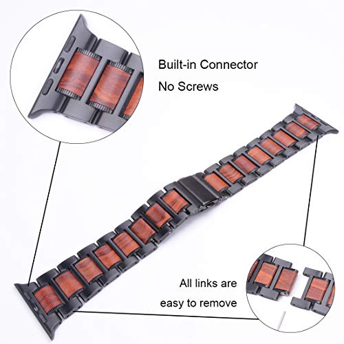 Wolait Compatible With Apple Watch Band 45Mm 44Mm 42Mm, Natural Wood Red Sandalwood With Stainless Steel Metal Link Band For Iwatch Se/Series7/6/5/4/3/2/1 Men #TOP5