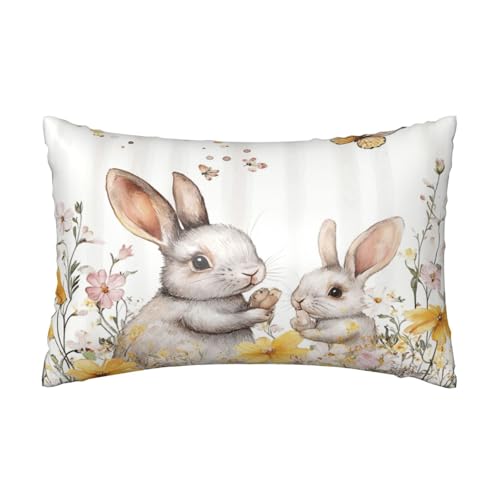 Easter Spring Satin Pillowcase Bunny Rabbits Butterfly Silk Pillow Cases for Hair and Skin Slipping Body Pillow Cover with Zipper Queen Size 20x30 Pillowcase Decorative for Kids Bedroom