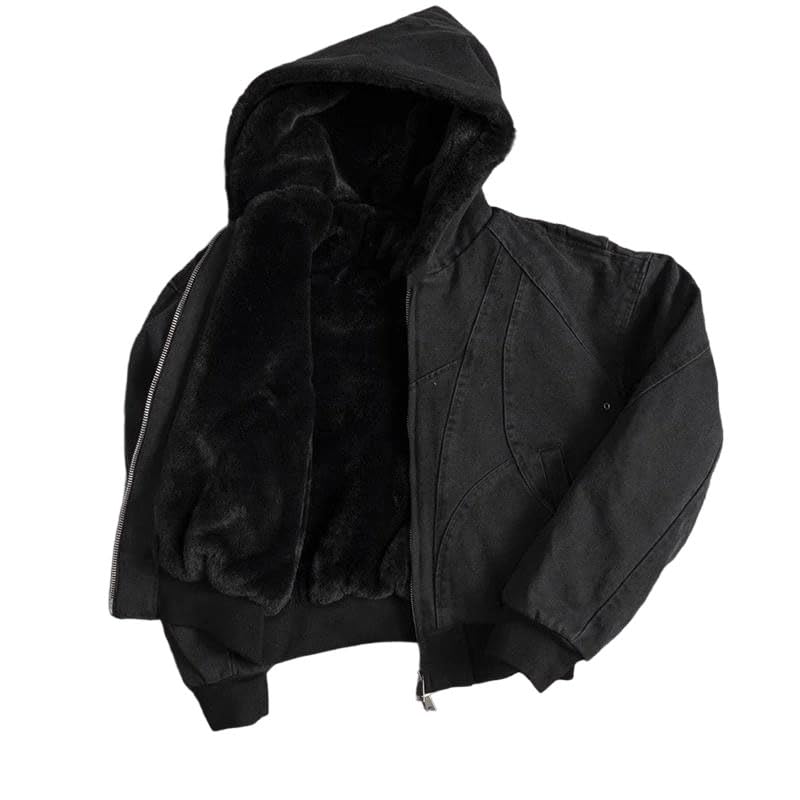Chaqueta corta gruesa de lona cálida lavada acolchada de forro polar con capucha casual, Negro, S
