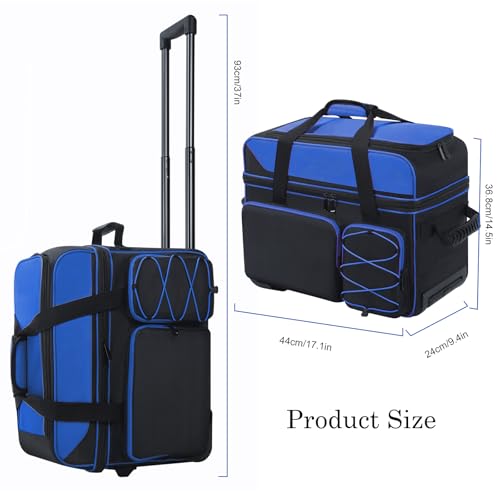 JMIANeodark 2 Ball Bowling Bag With Wheels, Multi-Pockets Bowling Ball Bag Roller, With Separate Shoe Compartment, Large Capacity Double Bowling Ball Bag With Extendable Retractable Handle