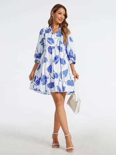 Image of EZAPINE Women Floral Babydoll Mini Dress V Neck 3 /4 Puff Sleeves A Line Flowy Swing Summer Sun Dresses