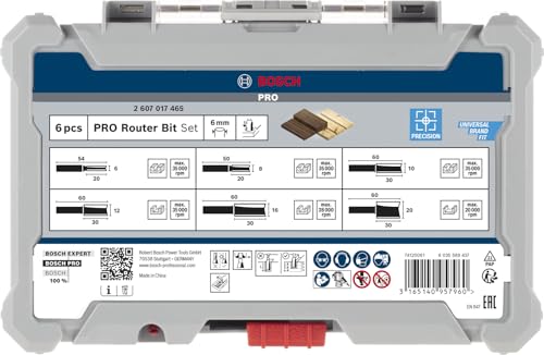Bosch 6x PRO Router Bit Straight Set, 6 pcs (für Weichholz, Hartholz, Ø 6, 8, 10, 12, 16, 20 mm, Professional Zubehör Handfräse, Kantenfräse)