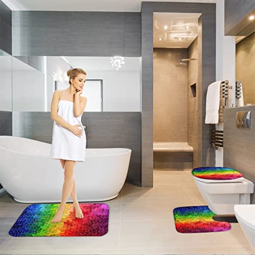 Badezimmer Badematte 3 Teilig Set Mosaik- rutschfest Badteppiche Saugfähig Memory Foam Badezimmermatte Weich WC-Deckelbezug U-Förmige Matte Maschinenwaschbar Badvorleger (gestreifter Regenbogen) – Bild 5