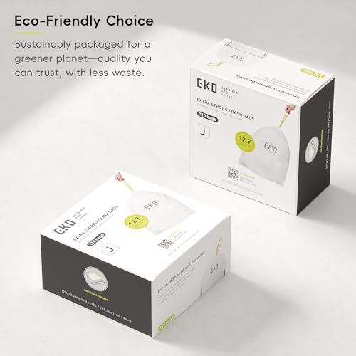 Image of EKO 12.9 Gallon / 45-49 Liter, 110 Count Drawstring Trash Bags, Extra-Strong Unscented Garbage Bags, Easy-Dispense Roll for Kitchen & Household Use, Resists Tears, Leaks and Punctures, Code J, White