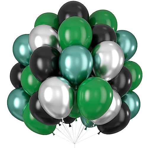 Image of Green Black Balloons Metallic Green Silver Balloons for Graduation Party Decorations Jungle Wild Theme Birthday Decor 60PCS 12INCH Green Black Silver Helium Latex Balloons