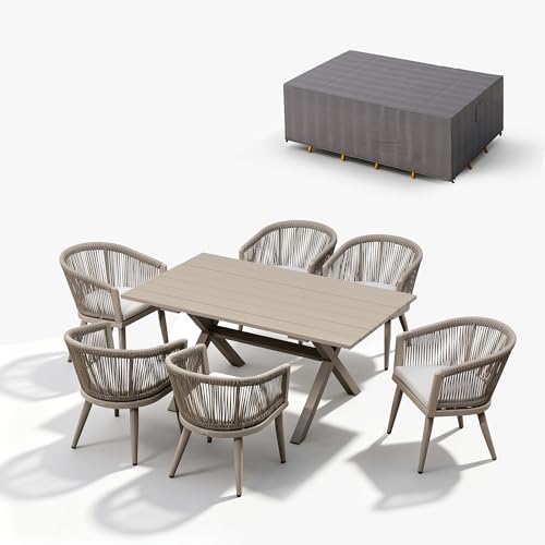 Image of PURPLE LEAF Patio Dining Set for 6 with Cushions Champagne with Cover