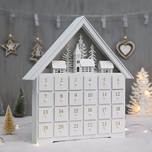 Christmas Wooden Advent Calendar House With 24 Drawers, Countdown To Christmas For Kids, Led Home Decoration, L16.25 X H17.9 X T2.87 Inches, Battery Operated Pioneer-Effort #TOP1