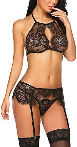 wearella Women Lingerie Set Hollow Out Front Babydoll Bra and Panty Bodysuit Black S