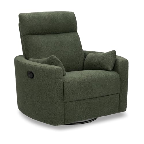 Image of Davinci Atlas Upholstered Recliner and Swivel Glider in Cozy Olive Boucle | Nursery Glider Chair with High Back, Padded Armrests, and Bolster Pillows | Smooth Recline for Nursing and Feeding