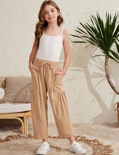 Image of COZYPOIN Girl's Wide Leg Pants Elastic Waist Loose Fit Flowy Casual Beach Palazzo Harem Trousers with Pockets 5-14 Y