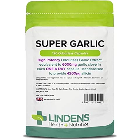 Lindens Super Garlic Odourless Capsules - 120 Pack - High Strength 6000mg (4200mcg Allicin) - Contributes to Normal Muscle Function, Heart Health and Immune Health - UK Manufacturer, Letterbox Friendly Cover