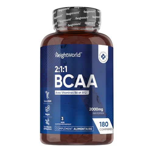 BCAA 2000 mg Protéines Musculation Pre Workout & Post Workout 2:1:1-180 Comprimés Vegan – Acides Aminés, L-Leucine, L-Isoleucine, L-Valine + Vitamine B6 & B12 – Énergie, Metabolisme – Pour Sportifs