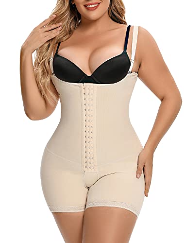 SHAPERX Shapewear Tummy Control Fajas Colombianas Open Bust Body Shaper for Women Butt Lifter Thigh Slimmer Shorts Front Hooks, DT7205-Beige-L