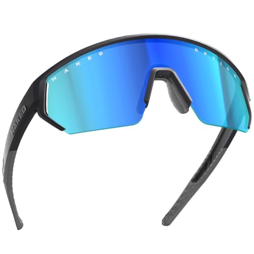 NAKED Optics Blade Sports Glasses Men Cycling Glasses Women Sports Sunglasses with UV400 Protection Fast Glasses Road Bike Cycling Glasses Running Glasses TR90 Frame (Black (Blue Glass))