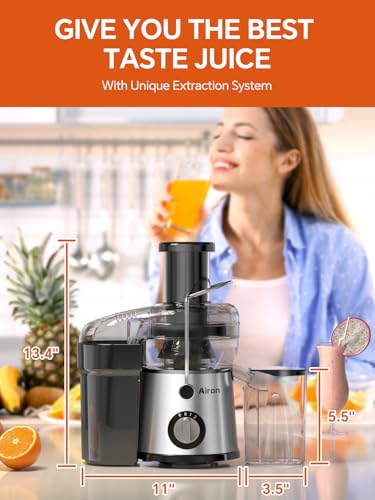 Juicer Machine, Airon Centrifugal Juicer Extractor, Max Power 800W, 3" Wide Feed Chute for Fruit Vegetable, Juice Maker with 3-Speed Setting, High Juice Yield, Easy to Clean, Stainless Steel, BPA Free