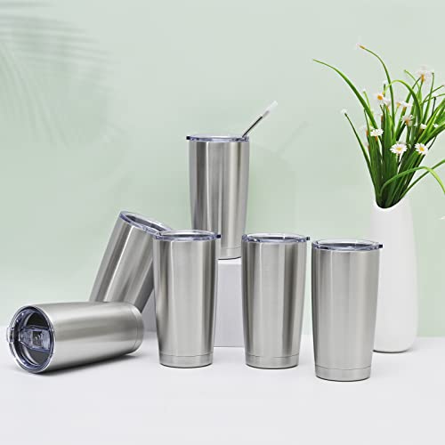 Futtumy 6 Pack Stainless Steel Travel Tumblers, 20 Oz Tumbler With 12 Lids, Insulated Coffee Tumblers, Double Wall Travel Tumblers, Thermal Cups, Powder Coated Coffee Cup For Hot Cold Drinks (Silver) #TOP1